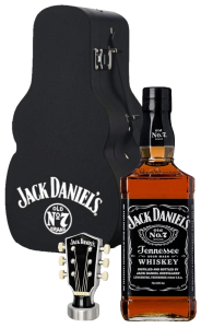 Klasyczna Amerykańska Tennessee Whiskey Jack Daniel's w wyjątkowym opakowaniu w kształcie futarału gitary i jiggerem w formie główki gitarowej