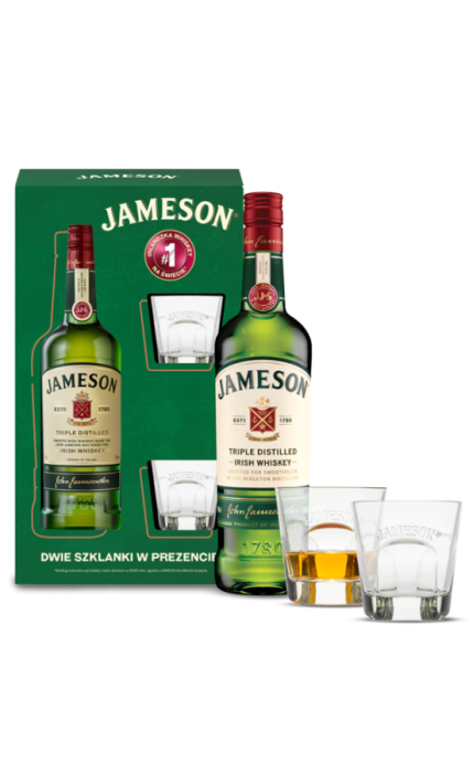 Zestaw Prezentowy Whiskey Irlandzkie Jameson 700ml + 2 szklanki do whiskey gratis
